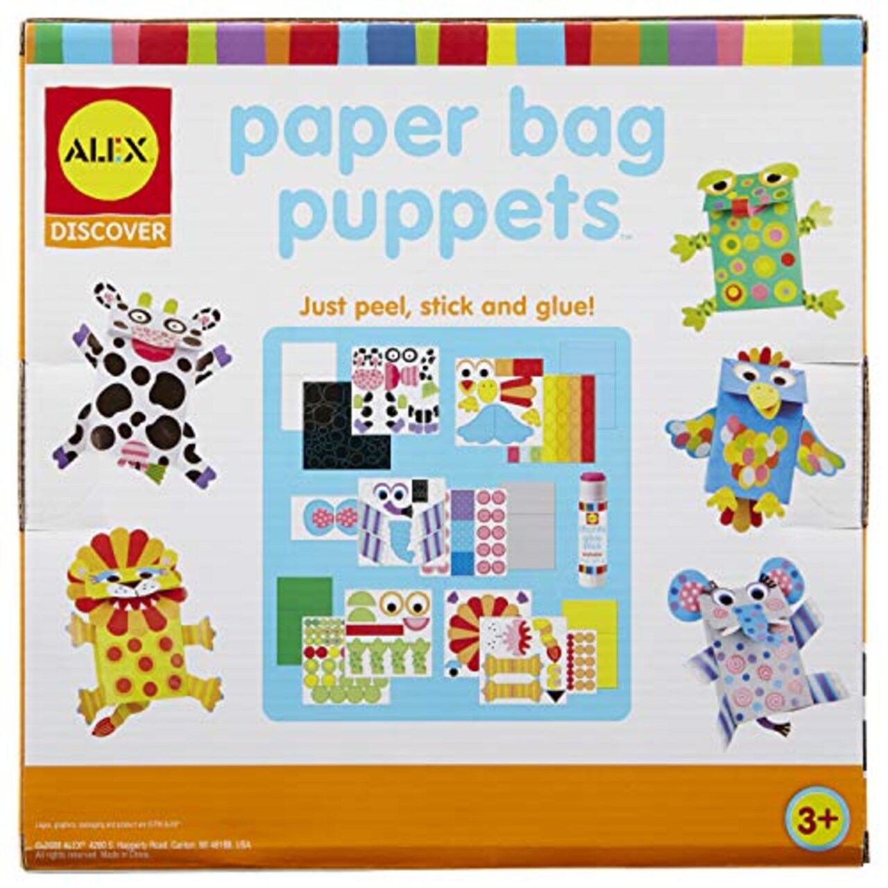 Paper Bag Puppets Kids Art and Craft Activity Multicolor, includes 5 colored bags, 270 stickers and paper shapes, glue stick and easy picture instructions